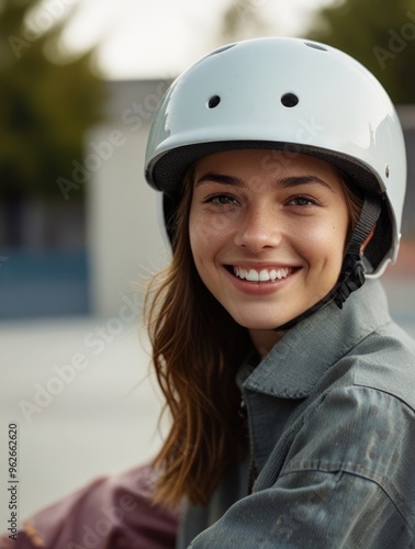 Young woman wearing helmet smiling at skate park