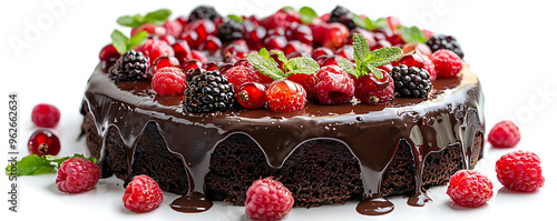  A delicious cake topped with an assortment of fresh berries, including raspberries, blackberries, and red currants photo