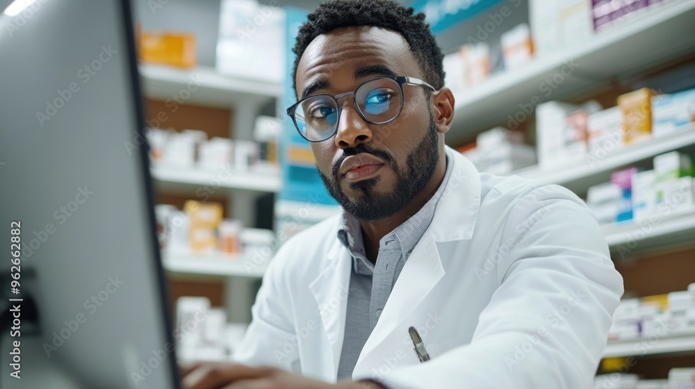 A pharmacist working at a computer in a pharmacy filled with medication. A pharmacist working at a computer in a pharmacy filled with medication.