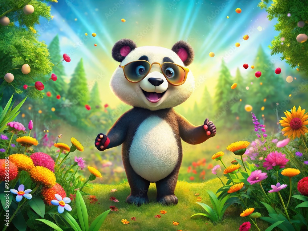 Adorable animated panda bear stands on hind legs, wearing sunglasses and a bright smile, amidst vibrant greenery and colorful flowers in a whimsical scene. Adorable animated panda bear stands on hind legs, wearing sunglasses and a bright smile, amidst vibrant greenery and colorful flowers in a whimsical scene.