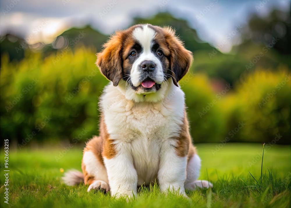 Adorable Brown And White St. Bernard Puppy With A Playful Expression And Fluffy Fur, Sitting In A Grassy Field Adorable Brown And White St. Bernard Puppy With A Playful Expression And Fluffy Fur, Sitting In A Grassy Field