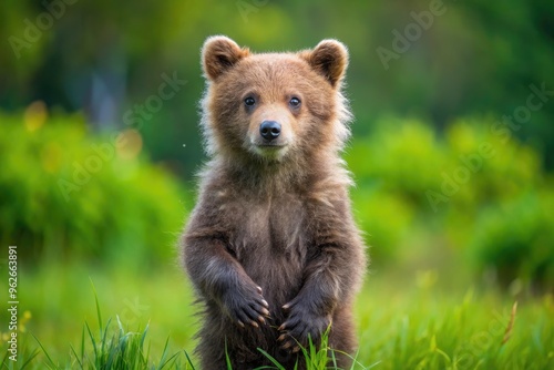 Adorable Grizzly Bear Cub With Playful Expression And Fluffy Brown Fur Standing On Hind Legs Against A Green Natural Background photo