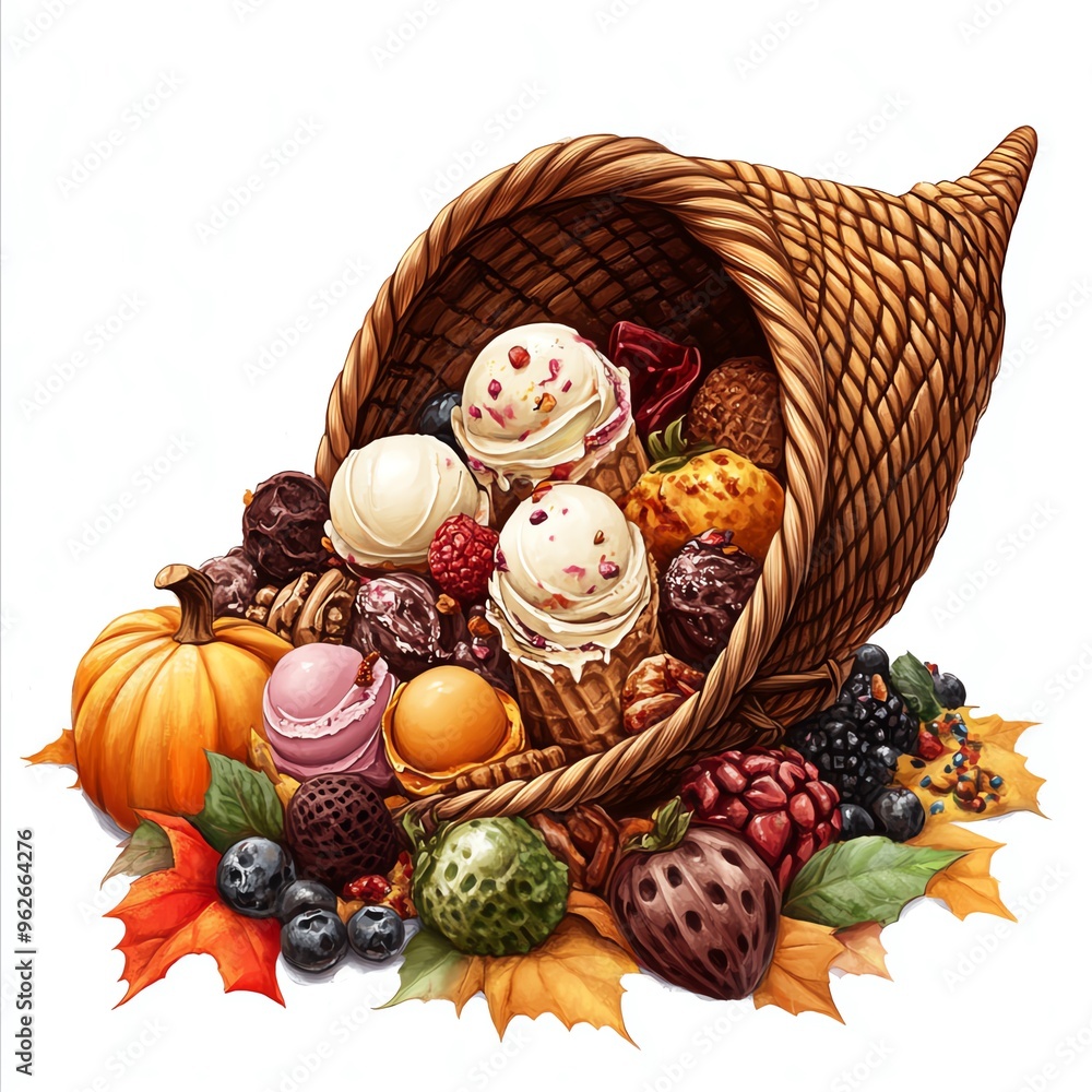 A cornucopia filled with ice cream scoops and toppings clipart, vibrant and delicious, rich autumn hues, digital painting, isolated on white background A cornucopia filled with ice cream scoops and toppings clipart, vibrant and delicious, rich autumn hues, digital painting, isolated on white background