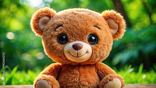 Adorable plush teddy bear wearing a small, expressive, hand-painted face with bright eyes and a cheerful smile on its soft, cuddly body.