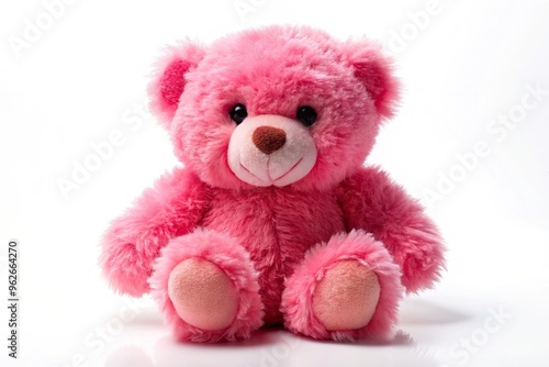 Adorable plush teddy bear with soft, vibrant pink fur and sweet facial expression, sitting alone on a white background, evoking feelings of innocence and joy.