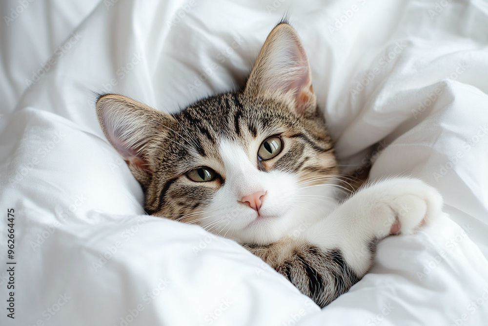 Adorable cat sleeping on the bed under the white blanket. Overhead shot Adorable cat sleeping on the bed under the white blanket. Overhead shot