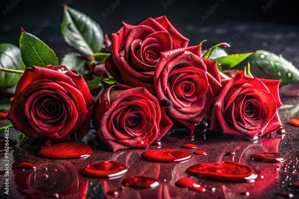 A dramatic still life of long-stemmed, velvety red roses surrounded by crimson blood droplets, evoking a sense of passion, sacrifice, and intense emotions. A dramatic still life of long-stemmed, velvety red roses surrounded by crimson blood droplets, evoking a sense of passion, sacrifice, and intense emotions.