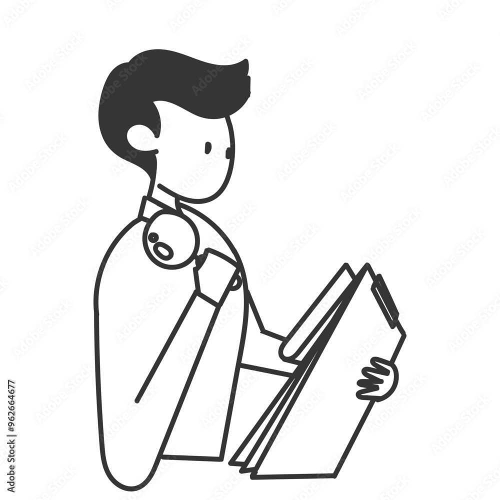 business man reading clipboard document and holding magnifying glass in doodle style business man reading clipboard document and holding magnifying glass in doodle style