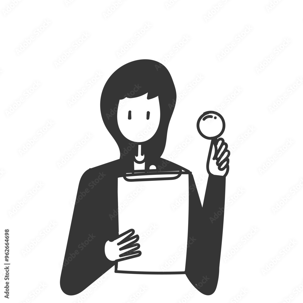 business woman reading clipboard document and holding magnifying glass in doodle style business woman reading clipboard document and holding magnifying glass in doodle style