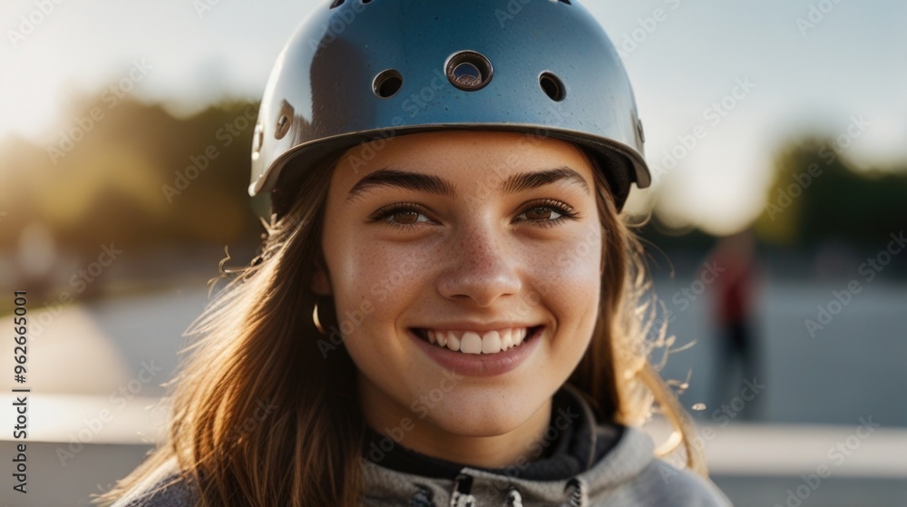 Young woman wearing helmet smiling at skate park Young woman wearing helmet smiling at skate park