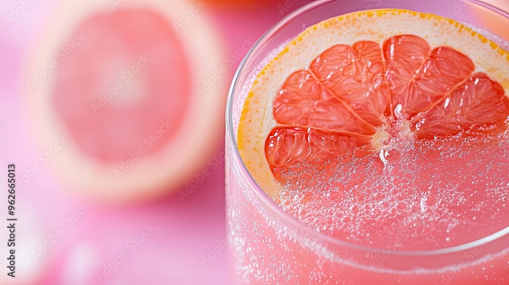 Fototapeta premium A refreshing pink drink garnished with a grapefruit slice and bubbles.