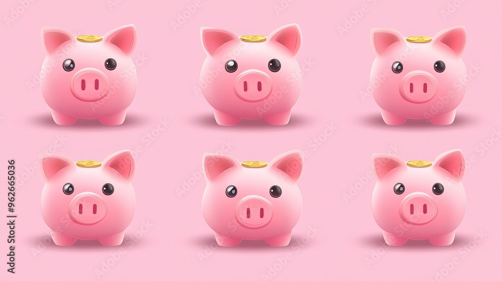 Collection of realistic vector illustrations of pink piggy banks with gold coins symbolizing profit growth and secure money storage Collection of realistic vector illustrations of pink piggy banks with gold coins symbolizing profit growth and secure money storage