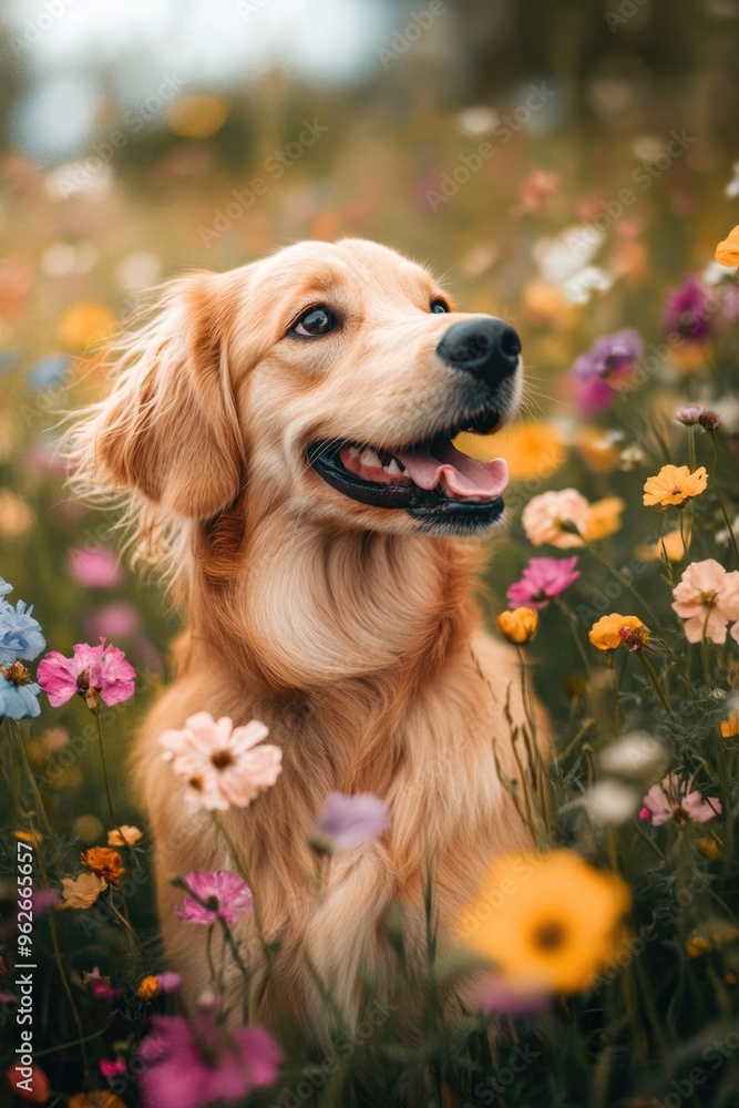Dog in flower field Dog in flower field