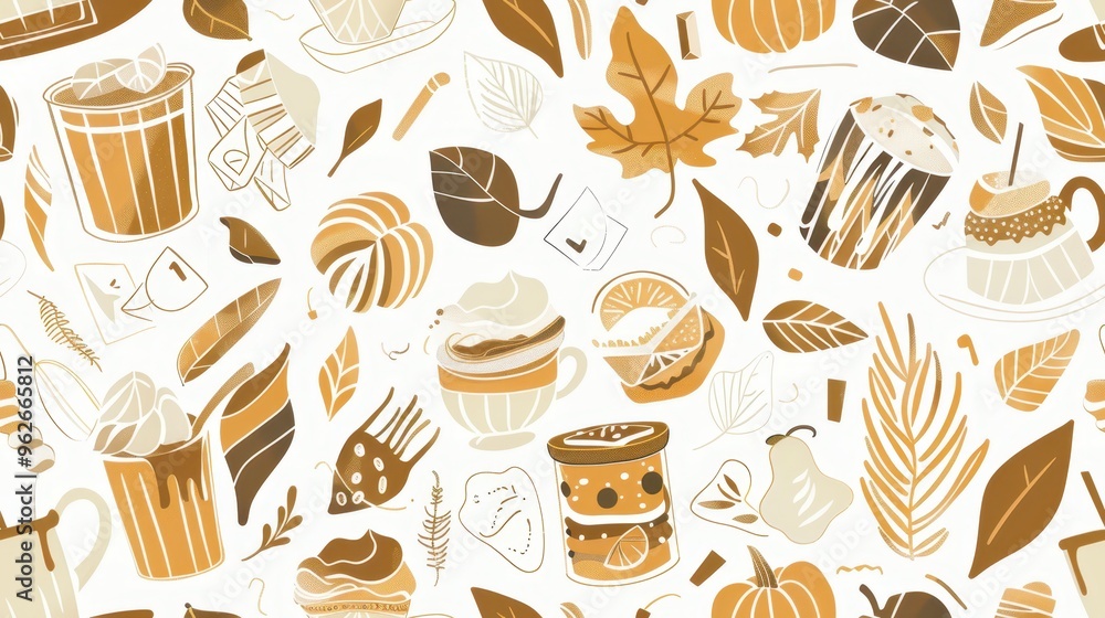 Seamless pattern of pumpkins, leaves, and fall beverages on a white background. Perfect for autumn, Thanksgiving, and festive designs. Seamless pattern of pumpkins, leaves, and fall beverages on a white background. Perfect for autumn, Thanksgiving, and festive designs.