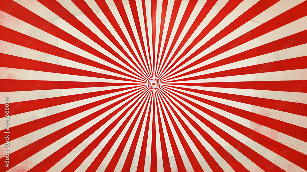 Fototapeta premium a radiating red and white pattern, with alternating stripes converging towards the center, creating a starburst or sunburst effect It has a hypnotic, symmetrical look, with lines expanding outward 