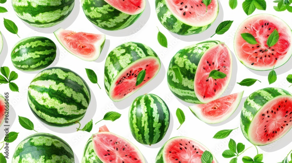 Watercolor-style seamless pattern of watermelon slices with colorful splashes on a white background. Perfect for artistic, fresh, and playful designs. Watercolor-style seamless pattern of watermelon slices with colorful splashes on a white background. Perfect for artistic, fresh, and playful designs.