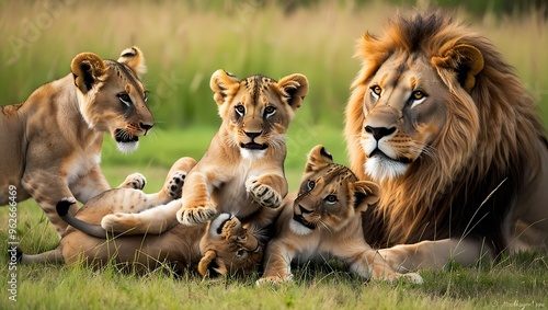 Capture a heartwarming and dynamic scene of young lion cubs joyfully frolicking in the tall, golden grasses of the African savannah.