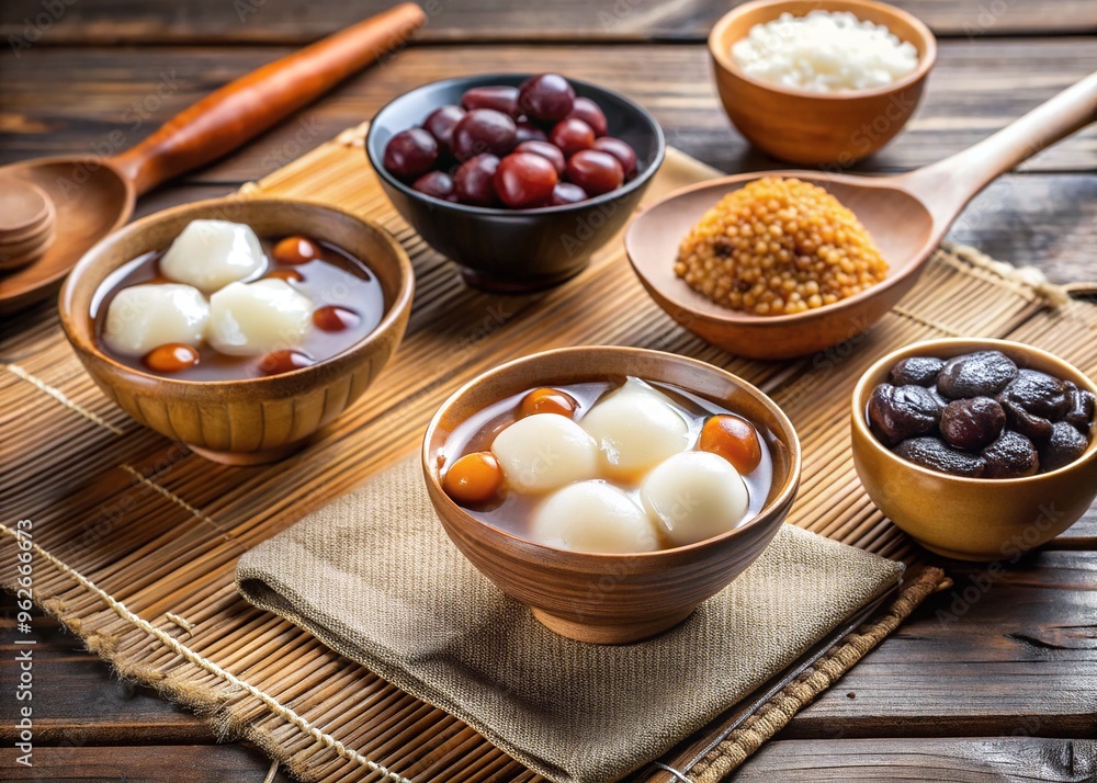 Traditional Chinese desserts, including sweet bean curd and glutinous rice balls, served in bowls and spoons on a rustic wooden tablecloth. Traditional Chinese desserts, including sweet bean curd and glutinous rice balls, served in bowls and spoons on a rustic wooden tablecloth.