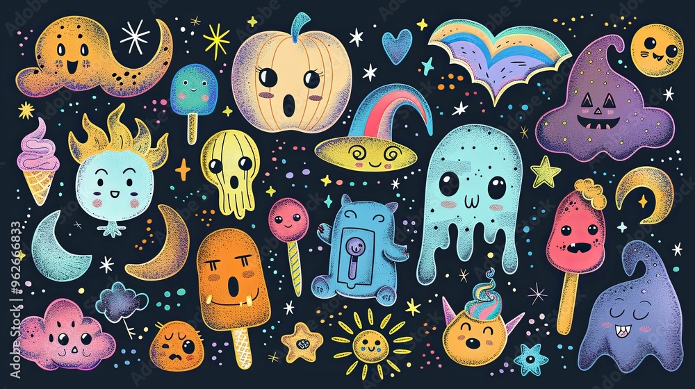 Cartoon Monsters and Food on a Black Background Cartoon Monsters and Food on a Black Background