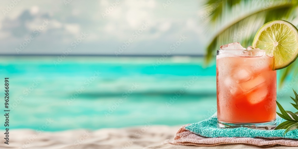 refreshing summer cocktail with lime wedge and ice on a beach towel with a blurred background of blue ocean and palm trees. refreshing summer cocktail with lime wedge and ice on a beach towel with a blurred background of blue ocean and palm trees.