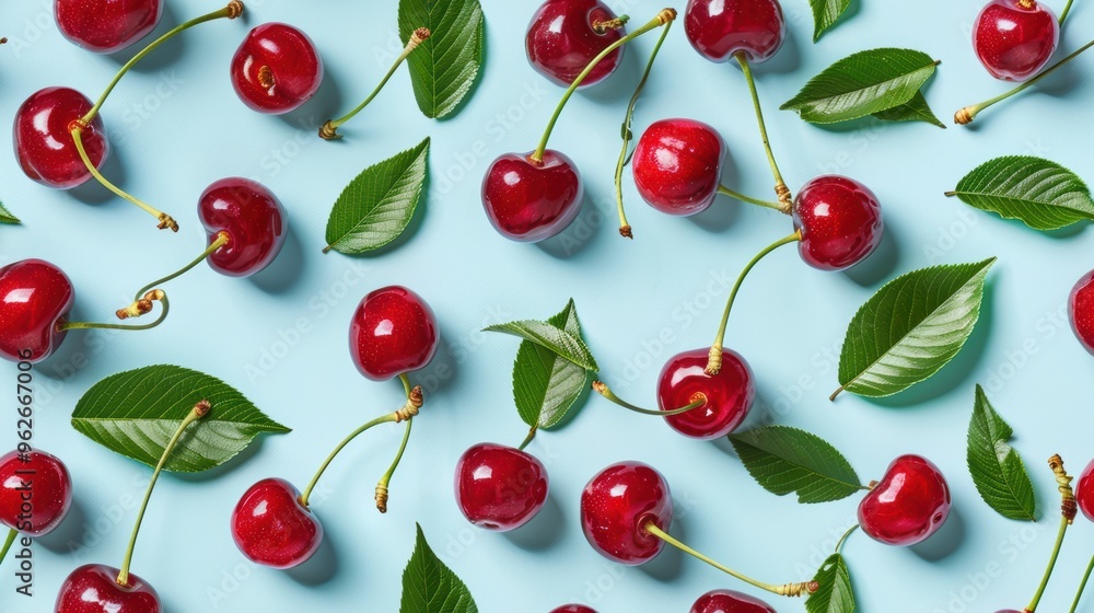 Vibrant seamless pattern of red cherries and green leaves on a bright blue background. Fresh and summery design with glossy cherries and lively colors. Vibrant seamless pattern of red cherries and green leaves on a bright blue background. Fresh and summery design with glossy cherries and lively colors.