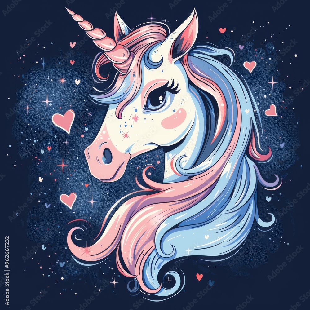 Fototapeta premium Magical Unicorn with Pink and Blue Hair Against a Starry Night