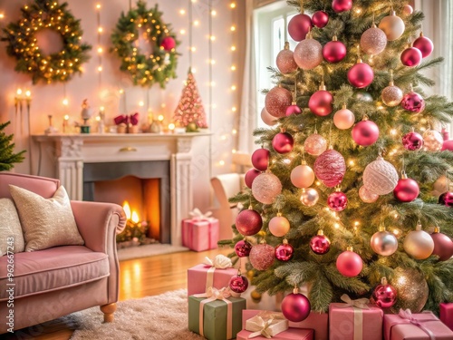 A Festive Christmas Scene With Pink Ornaments, Decorations, And A Decorated Tree In A Cozy Home Setting.