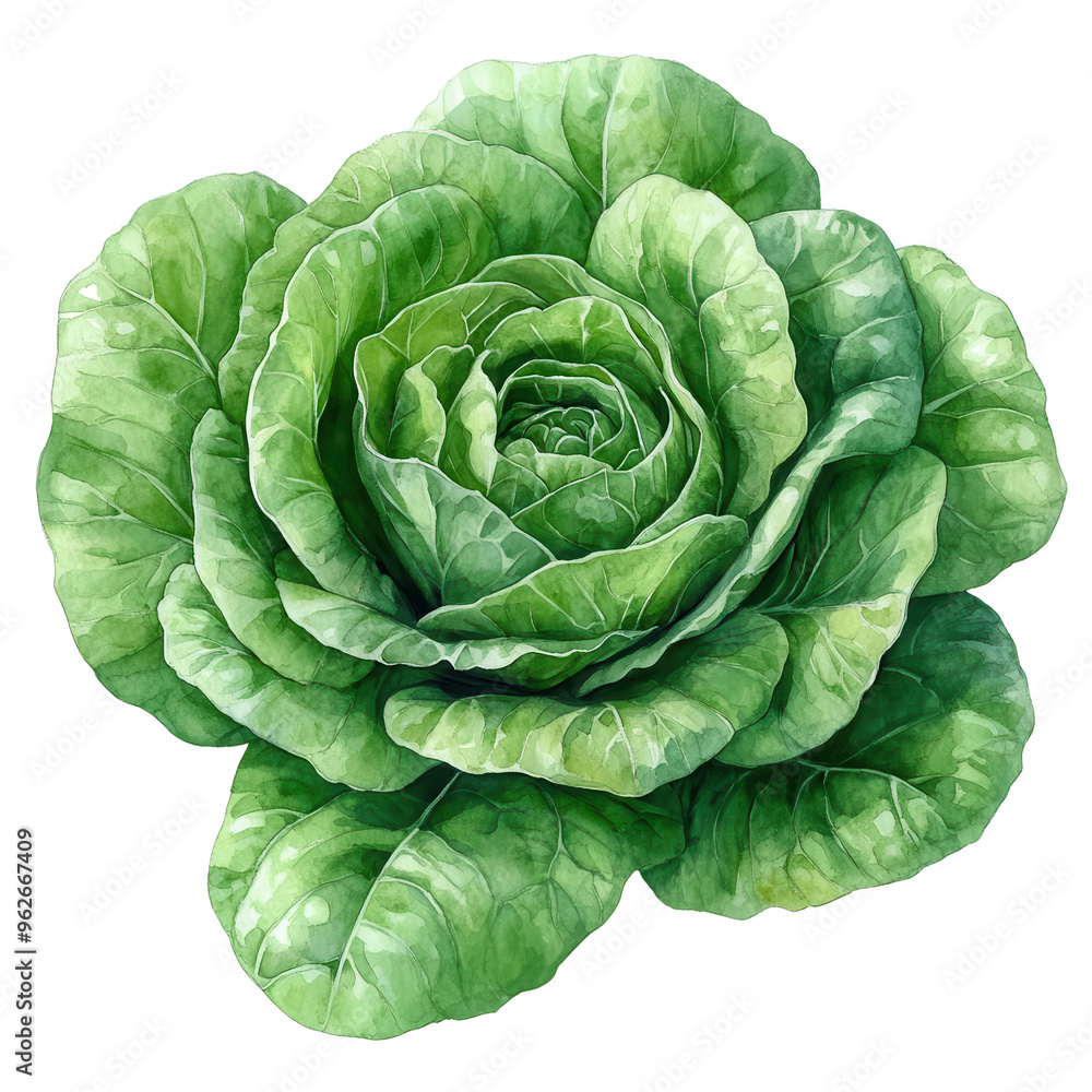 Fototapeta premium Beautifully detailed green lettuce, showcasing its lush leaves and fresh appearance. Perfect for health and culinary themes.
