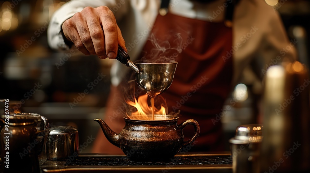 A barista making a traditional Turkish coffee, using a cezve over a small flame, with rich coffee aromas filling the air. A barista making a traditional Turkish coffee, using a cezve over a small flame, with rich coffee aromas filling the air.