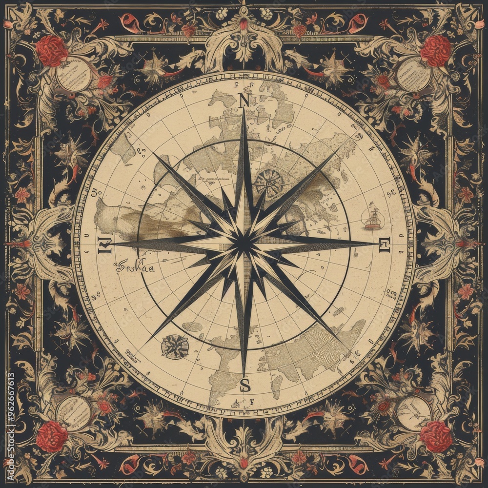 Fototapeta premium Vintage Compass Rose with World Map and Ornate Floral Frame