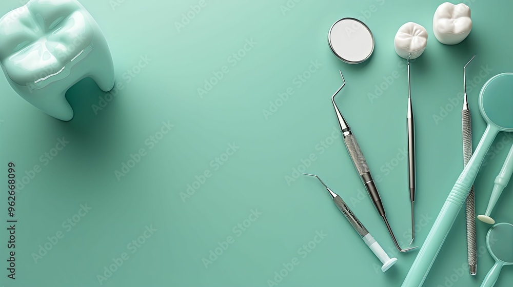 Dental Instruments and Models on a Teal Background Dental Instruments and Models on a Teal Background