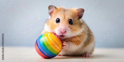 Passionate hamster playing with a colorful ball, cute, adorable, tiny, furry, energetic, playful, small, pet, rodent