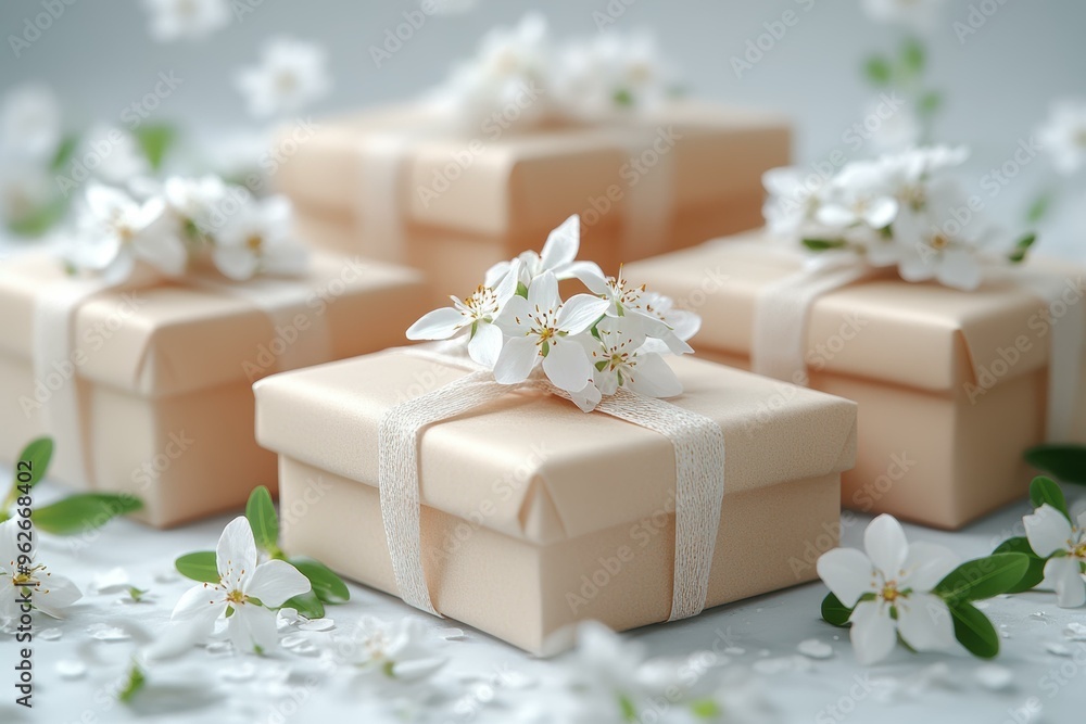 Elegant gift boxes adorned with white flowers and delicate ribbons, perfect for weddings, bridal showers, or sophisticated celebrations conveying grace and elegance in their presentation, Elegant gift boxes adorned with white flowers and delicate ribbons, perfect for weddings, bridal showers, or sophisticated celebrations conveying grace and elegance in their presentation,