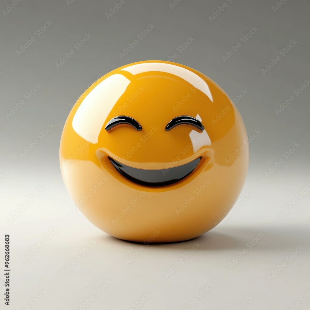 Fototapeta premium A vibrant, glossy, yellow smiley face with a beaming expression on a neutral background, ideal for conveying positivity, happiness, and joy in digital projects, marketing materials