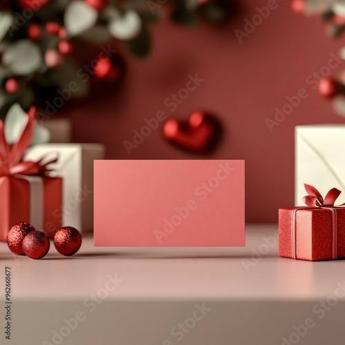 A blank red card surrounded by festive wrapped gifts, red ball ornaments, and decorative hearts, creating a cozy holiday atmosphere perfect for Christmas greetings, gift card presentations photo