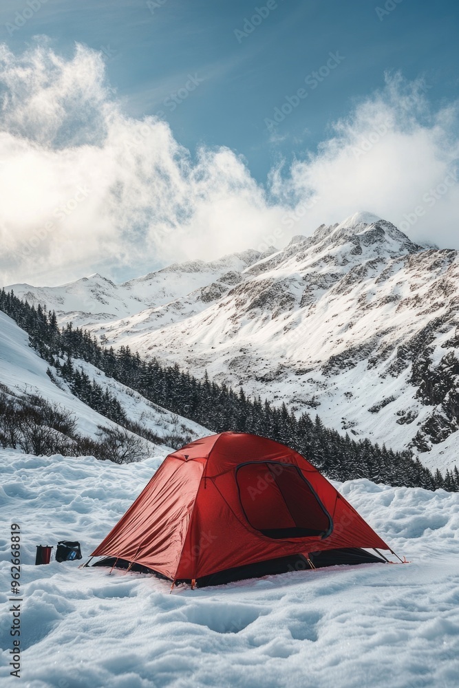 Tent in snowy mountain landscape Tent in snowy mountain landscape