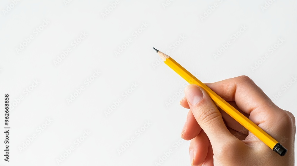 Hand holding a yellow pencil against a blank white background Hand holding a yellow pencil against a blank white background