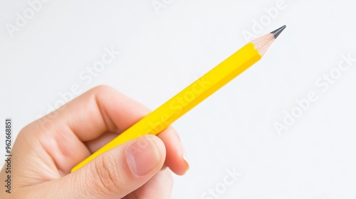 Hand holding a yellow pencil against a blank white background