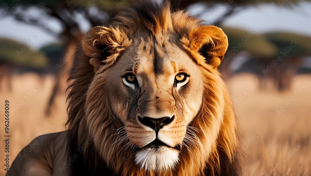 Immerse yourself in the untamed beauty of the savannah with this stunning close-up portrait of a lion, captured in its most intense and natural form. Immerse yourself in the untamed beauty of the savannah with this stunning close-up portrait of a lion, captured in its most intense and natural form.