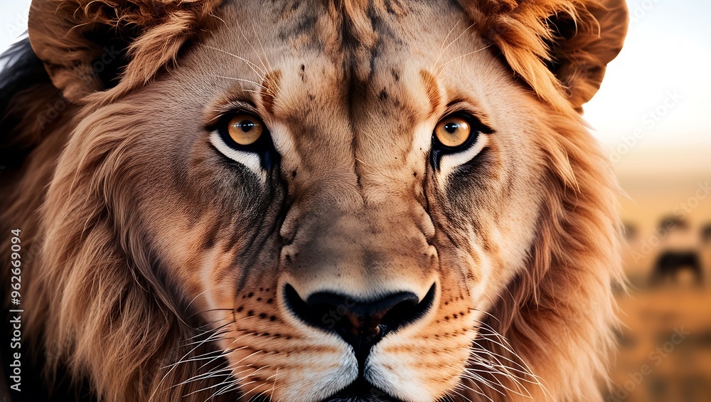 Immerse yourself in the untamed beauty of the savannah with this stunning close-up portrait of a lion, captured in its most intense and natural form. Immerse yourself in the untamed beauty of the savannah with this stunning close-up portrait of a lion, captured in its most intense and natural form.