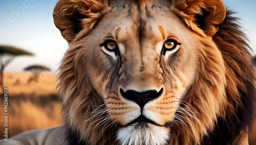 Immerse yourself in the untamed beauty of the savannah with this stunning close-up portrait of a lion, captured in its most intense and natural form.