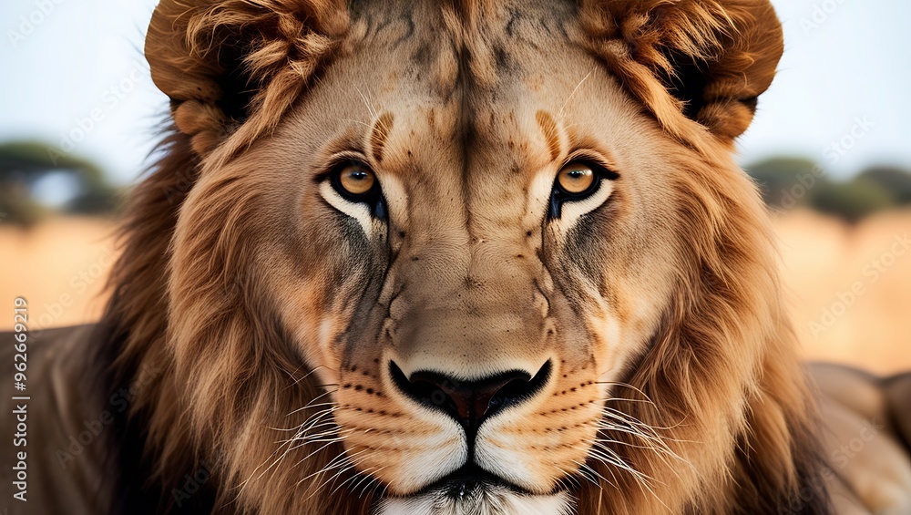 Immerse yourself in the untamed beauty of the savannah with this stunning close-up portrait of a lion, captured in its most intense and natural form. Immerse yourself in the untamed beauty of the savannah with this stunning close-up portrait of a lion, captured in its most intense and natural form.