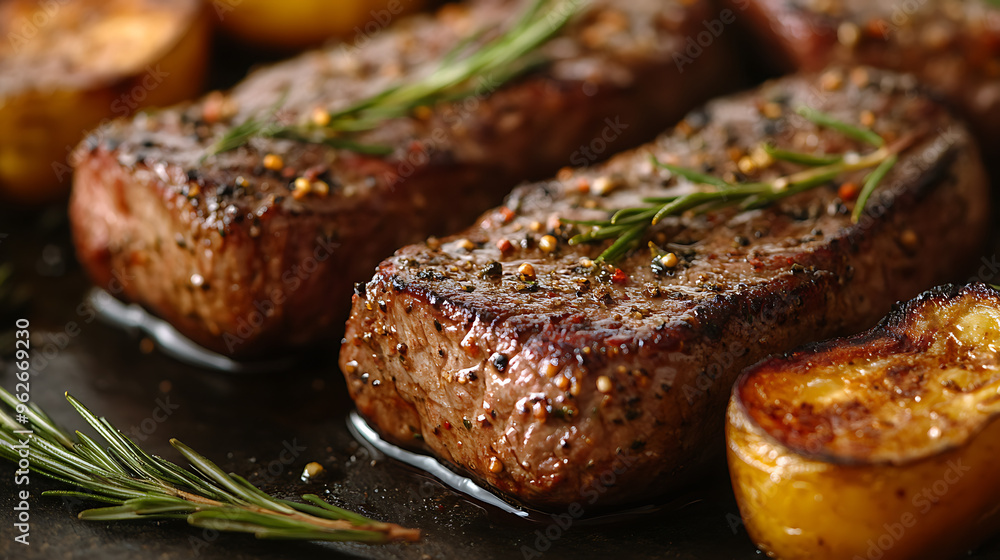 close-up of steak tips with a crust of garlic and herbs close-up of steak tips with a crust of garlic and herbs