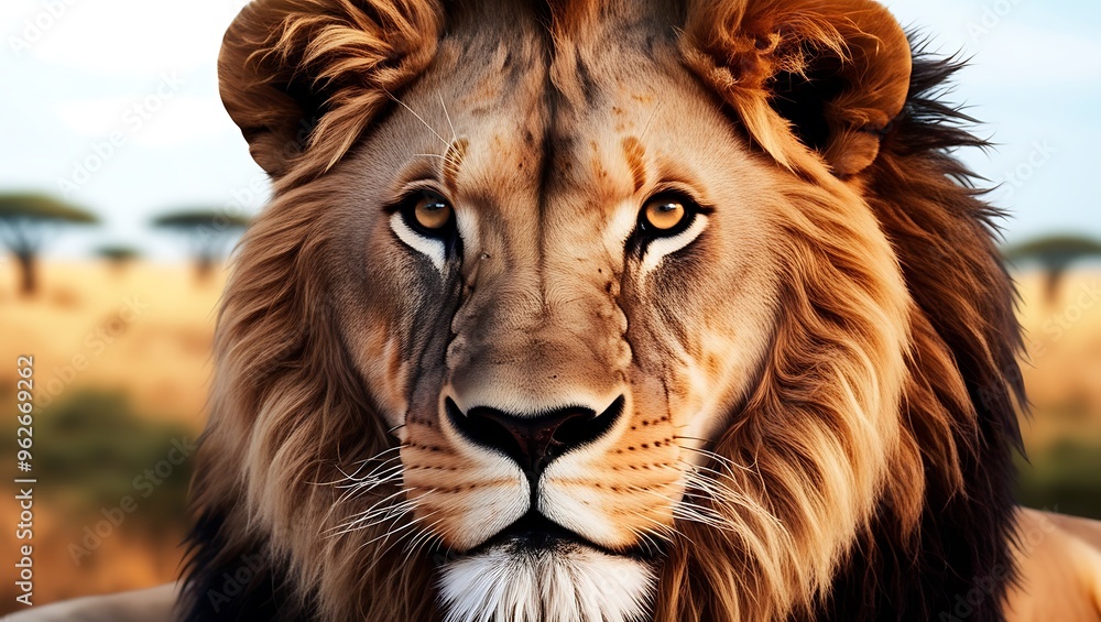 Fototapeta premium Immerse yourself in the untamed beauty of the savannah with this stunning close-up portrait of a lion, captured in its most intense and natural form.