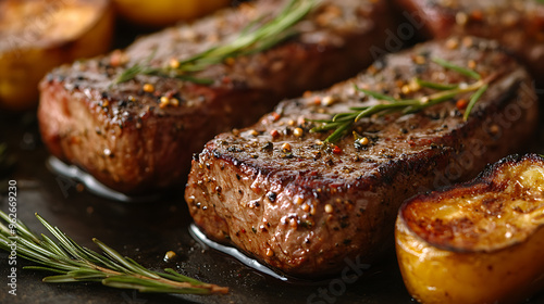 close-up of steak tips with a crust of garlic and herbs