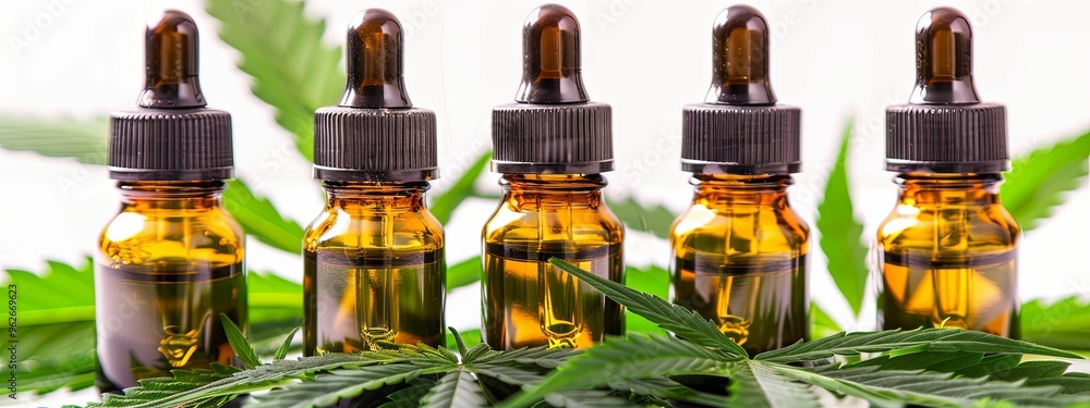 Five Amber Bottles of CBD Oil Surrounded by Marijuana Leaves Five Amber Bottles of CBD Oil Surrounded by Marijuana Leaves