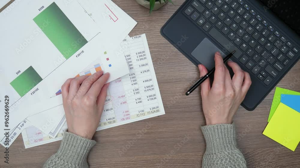Close-up of a woman's hands, in the office on a table with items for doing business. A girl, using a calculator and a computer, calculates the data of a global financial report. View from above Close-up of a woman's hands, in the office on a table with items for doing business. A girl, using a calculator and a computer, calculates the data of a global financial report. View from above