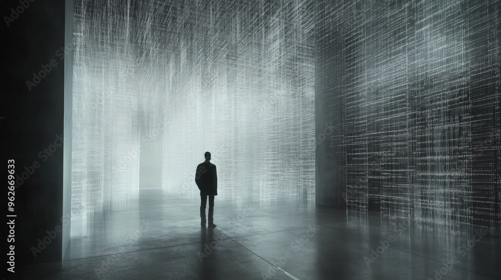 Obraz premium A silhouette stands in a futuristic, illuminated space filled with vertical lines of light.