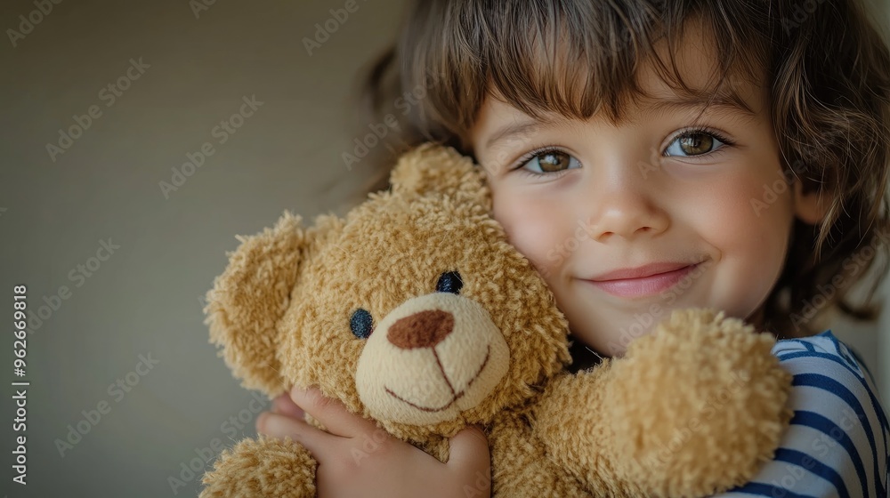 A smiling child hugs a plush teddy bear, conveying warmth and affection. A smiling child hugs a plush teddy bear, conveying warmth and affection.