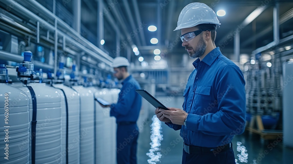 team of service engineers using tablet computers in water filtration control room to manage the raw water filtration process for mineral water bottling production line in a modern factory team of service engineers using tablet computers in water filtration control room to manage the raw water filtration process for mineral water bottling production line in a modern factory